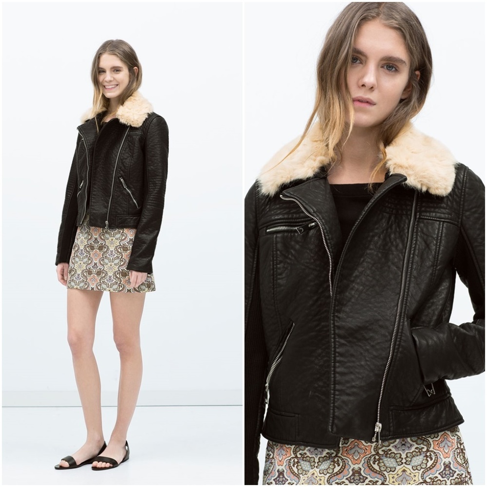 ZARA Fur Collar Jacket :Black, US L/EUR L